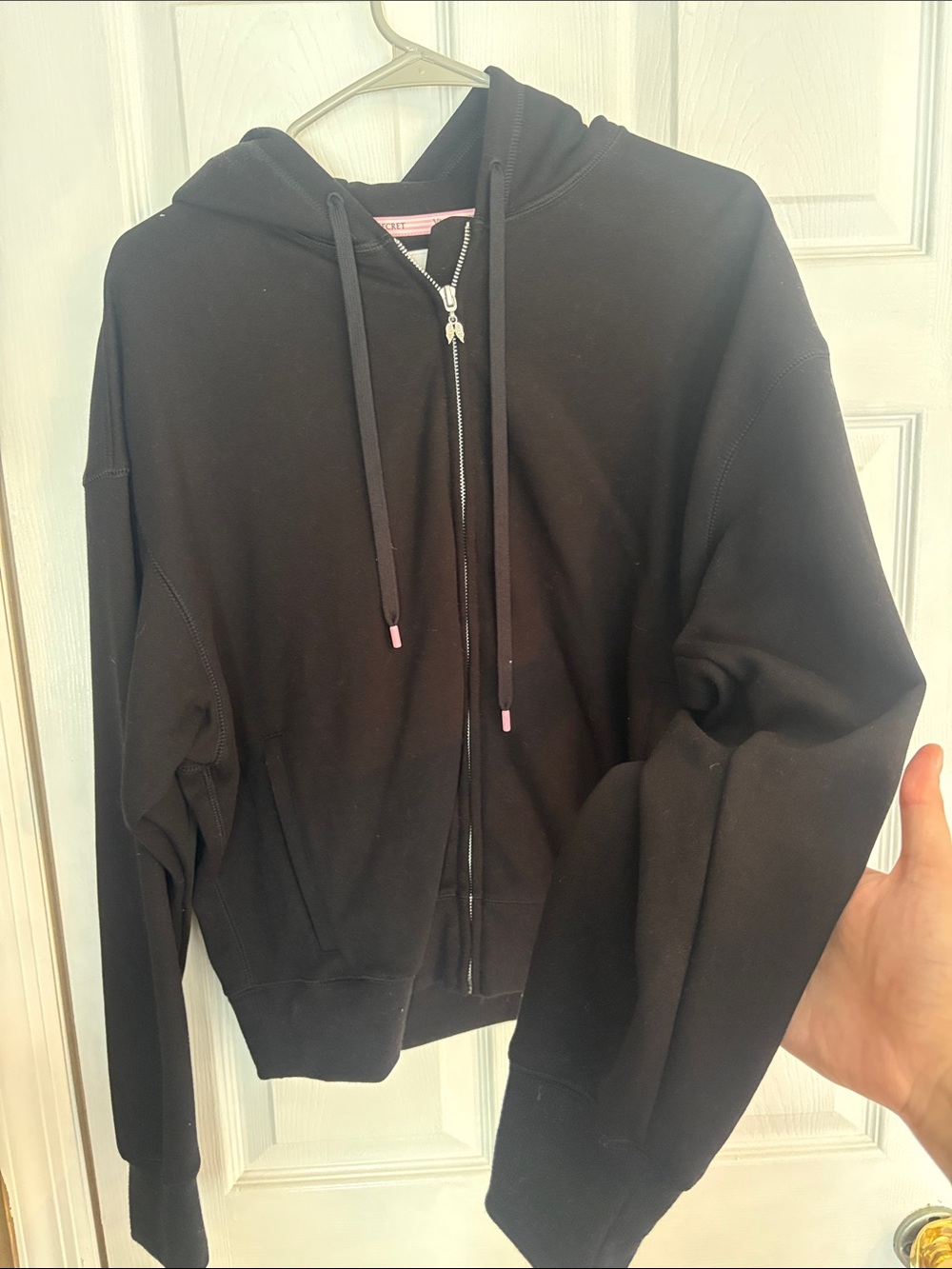 Victoria's Secret Black Zip-Up Hooded Jacket with Pink Drawstring Tips